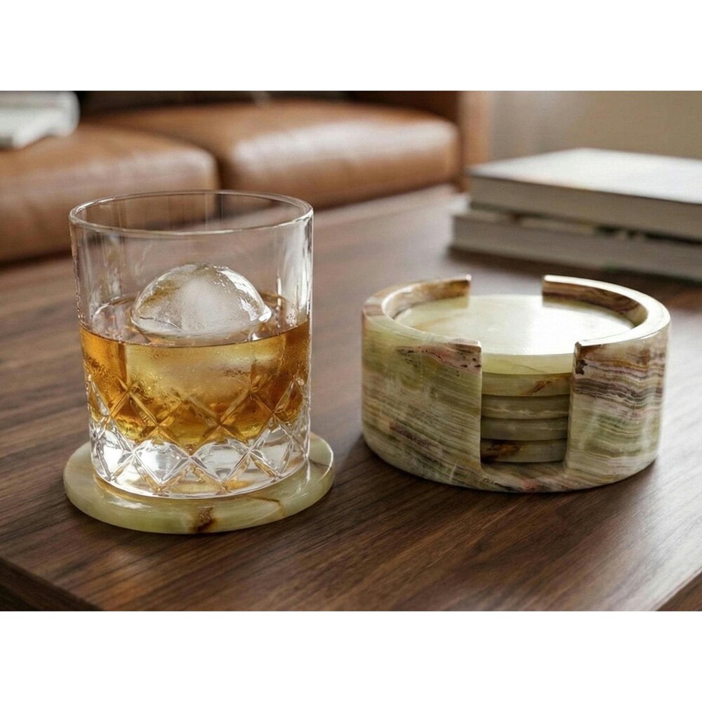 Green Onyx Coasters Set of 6 with Holder | Heavy Natural Stone Drink Coasters